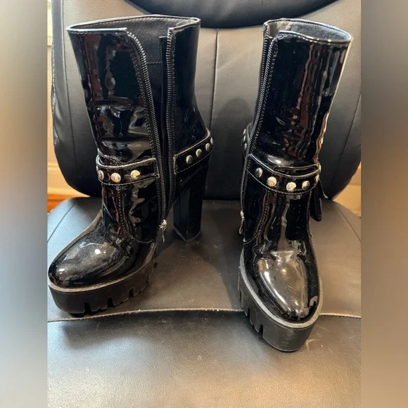 Studded Black Patent Leather Combat Boots - Picture 2 of 5
